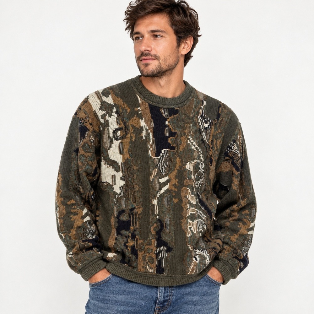 Vintage Mens Grandpa Sweater XL Abstract Textured Knit Retro Streetwear USA